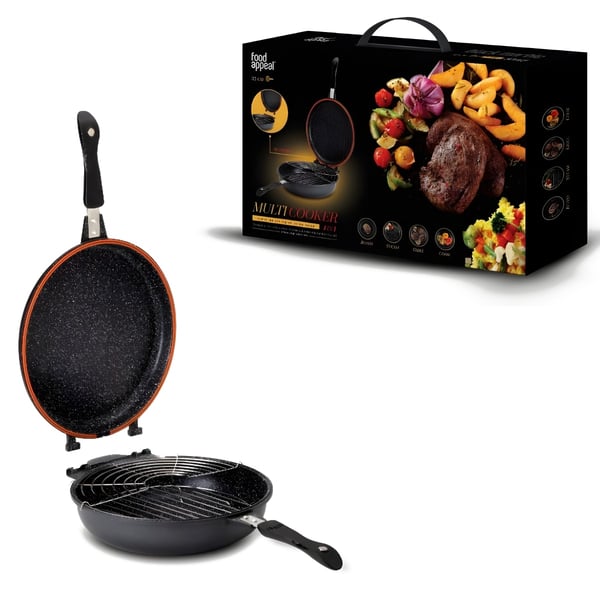 32cm Double Deep Pan with Steaming & Grilling Racks, Black Marble
