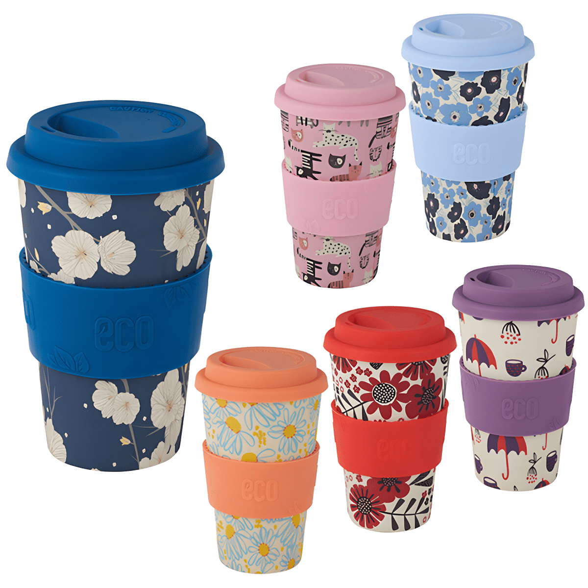 ספל אקולוגי 400 מ"ל עשוי במבוק עם חבק סיליקון בהדפסים שונים