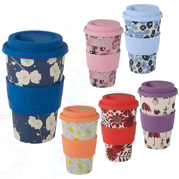 ספל אקולוגי 400 מ"ל עשוי במבוק עם חבק סיליקון בהדפסים שונים