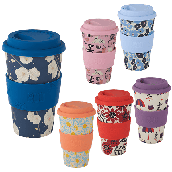 ספל אקולוגי 400 מ"ל עשוי במבוק עם חבק סיליקון בהדפסים שונים