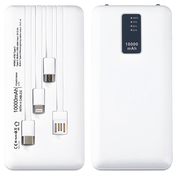 10,000mAh Power Bank with Retractable Cables, LED Lights & Digital Display