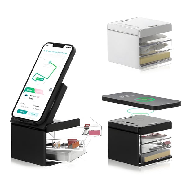 מעמד שולחני עם טעינה אלחוטית ומגירות נוחות