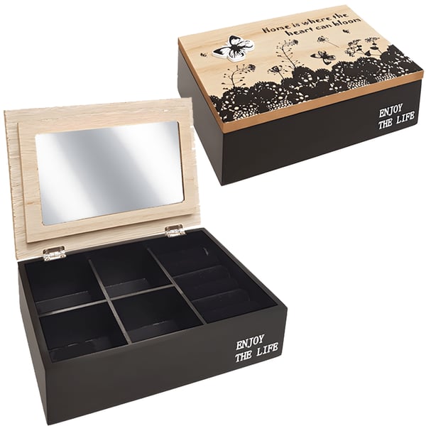 קופסת תכשיטים מעוצבת מעץ עם עיטורי פרחים