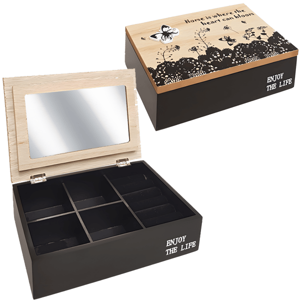 קופסת תכשיטים מעוצבת מעץ עם עיטורי פרחים