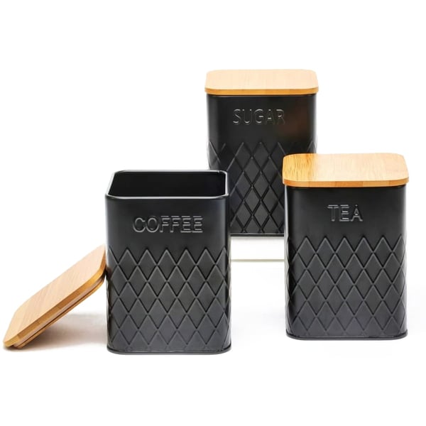 Stylish Set of 3 for Coffee, Sugar, and Tea in Black Square Design