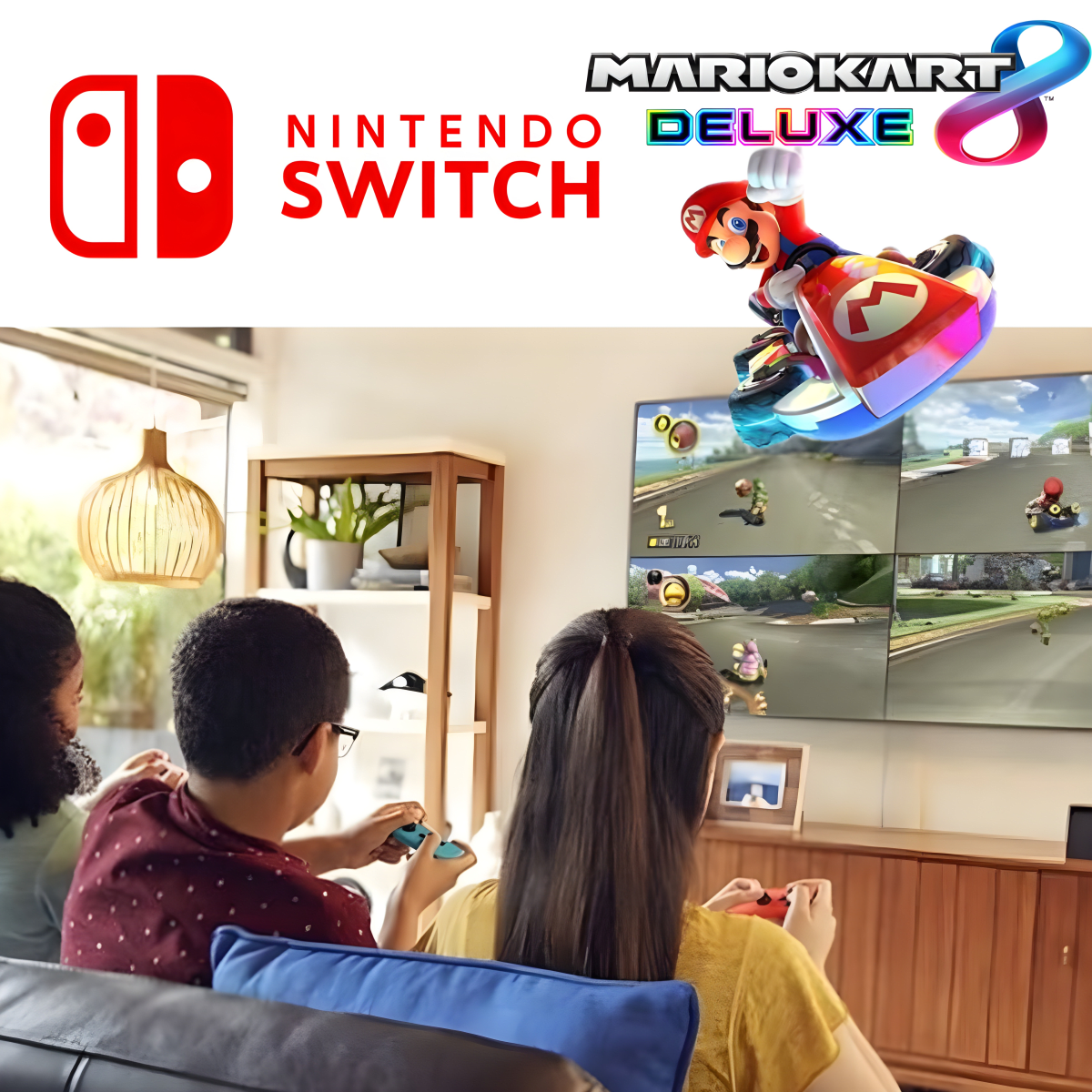 מארז Nintendo Switch כולל ג'וי-קון כחול ואדום, משחק Mario Kart 8 Deluxe ונרתיק מריו