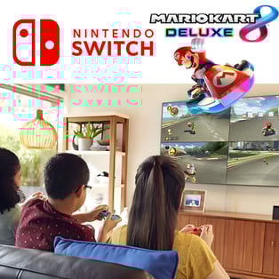 Nintendo Switch Bundle with Blue and Red Joy-Con, Mario Kart 8 Deluxe, and Mario Case