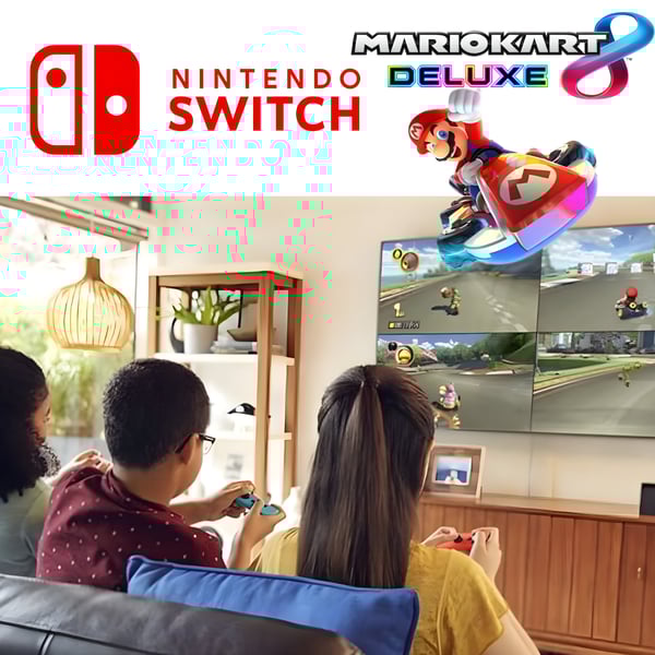Nintendo Switch Bundle with Blue and Red Joy-Con, Mario Kart 8 Deluxe, and Mario Case