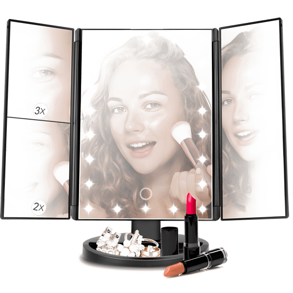 מראה איפור מוארת LED תלת מפנית מתכווננת