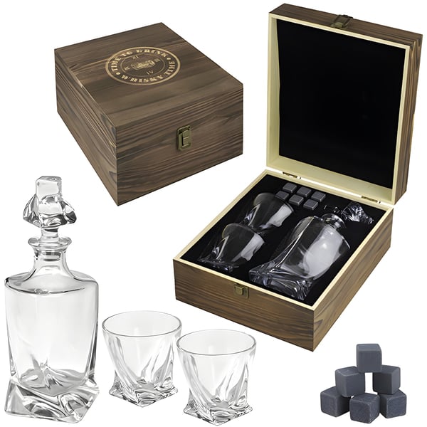 מארז ויסקי יוקרתי עם דקנטר, כוסות ואבנים