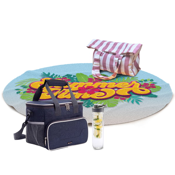 ערכת חוף מושלמת: מגבת עגולה, תיק צד תואם, צידנית ובקבוק דפיוזר