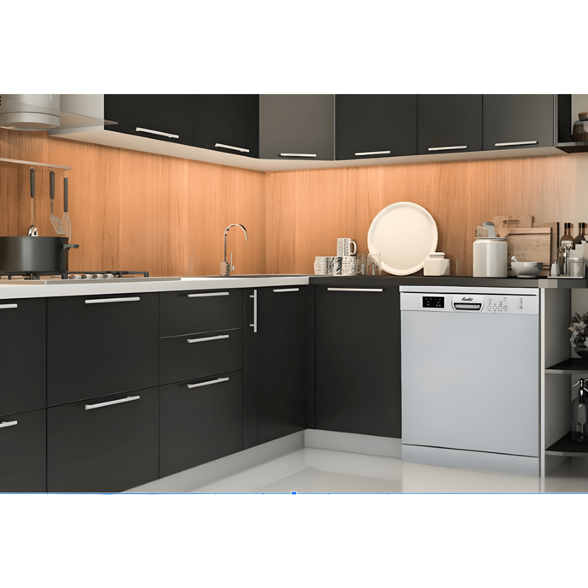 מטבח מודרני עם דלתות חלקות בצבע שחור