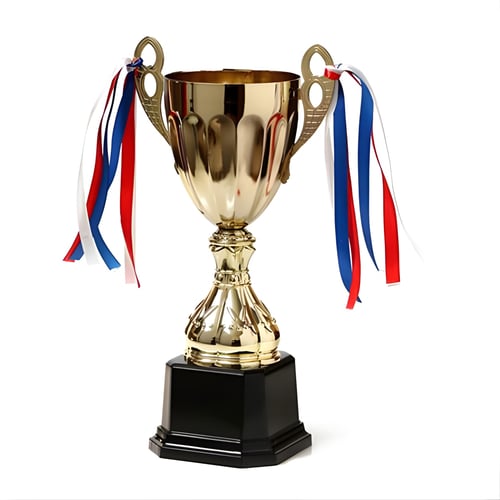 גביע זהב מרהיב עם סרטי עיטור צבעוניים