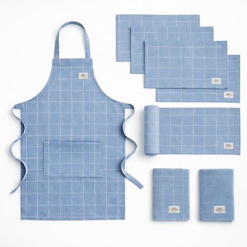 סט מטבח מעוצב באיכות כחול לבן: סינר, ראנר ומגבות