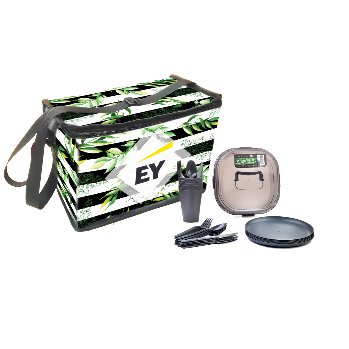 צידנית פיקניק משפחתית עם הדפס אישי וסט כלים רב פעמי