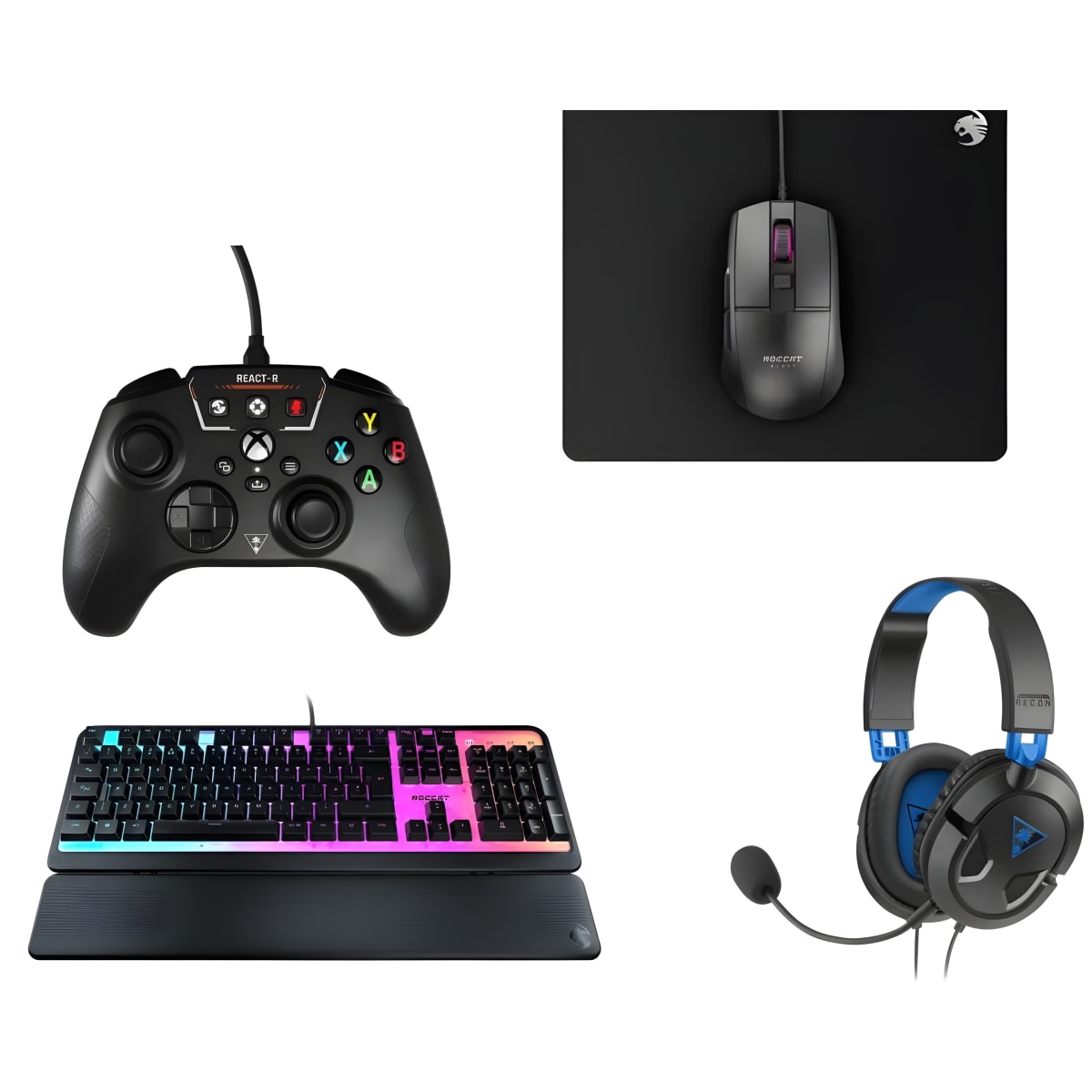 סט גיימינג מתקדם: מקלדת, משטח לעכבר, אוזניות ובקר