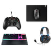 סט גיימינג מתקדם: מקלדת, משטח לעכבר, אוזניות ובקר