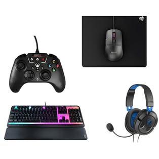 סט גיימינג מתקדם: מקלדת, משטח לעכבר, אוזניות ובקר