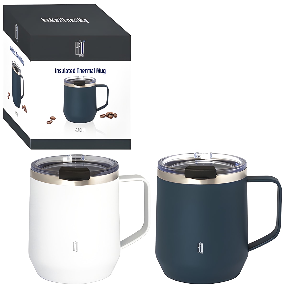 "MUG" ספל תרמי נירוסטה חם / קר 420 מ"ל עם ידית מתכת ומכסה אקרילי שקוף בקופסת מתנה מבית H2O-Pro