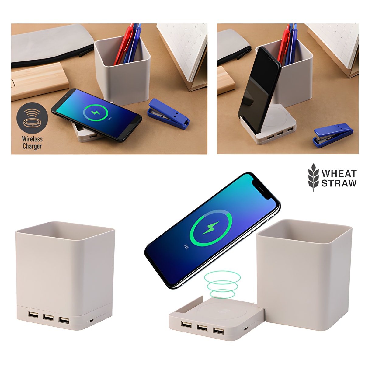 "אינדו" מטען אלחוטי ומפצל USB בכוס לעטים