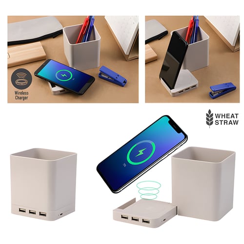 "אינדו" מטען אלחוטי ומפצל USB בכוס לעטים