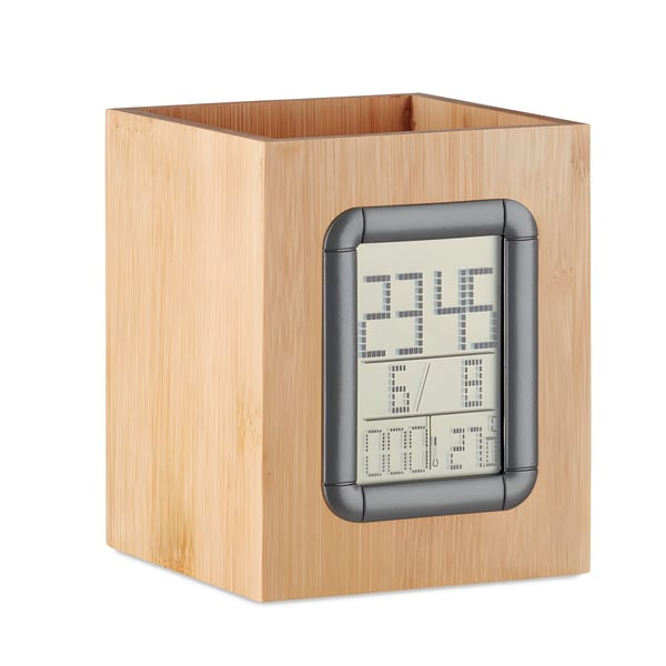 Bamboo Pen Holder with Calendar and Thermometer
