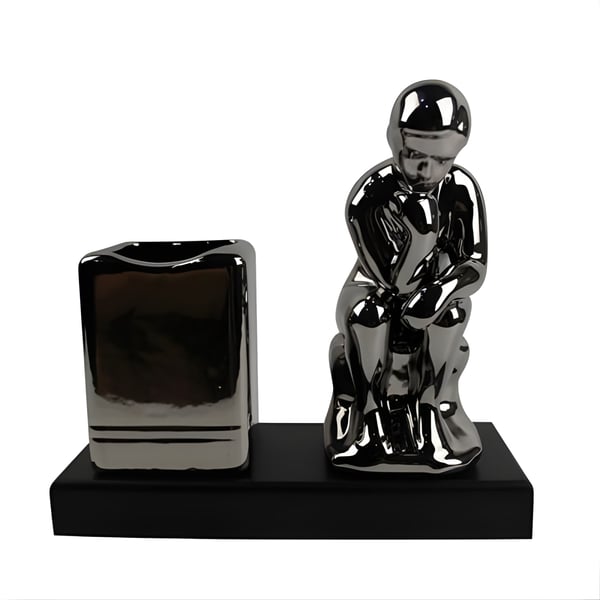 Silver Desktop Stand with Thinker Design + Cup