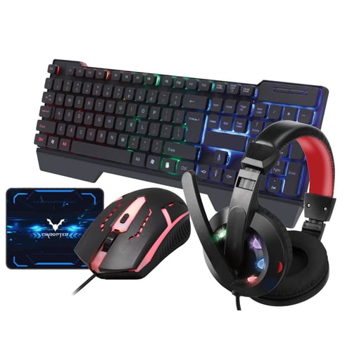 קיט אולטימטיבי לגיימרים עם מקלדת מוארת, אוזניות, עכבר ומשטח