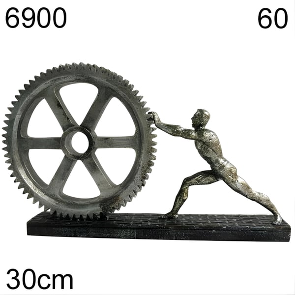 Sculpture of Man Pushing Gear Wheel