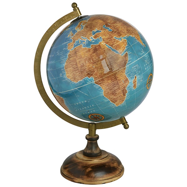 Shimmering Blue Desktop Globe on Copper and Wood Base