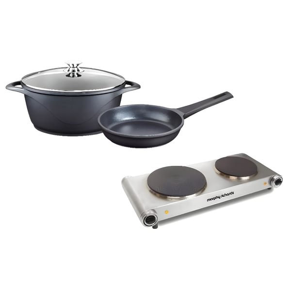 פלטה חשמלית כפולה נירוסטה עם סיר ומחבת אינדוקציה