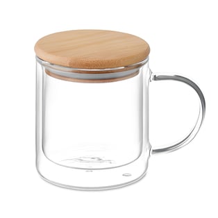 ספל זכוכית כפולה עם מכסה במבוק וידיות צבעוניות