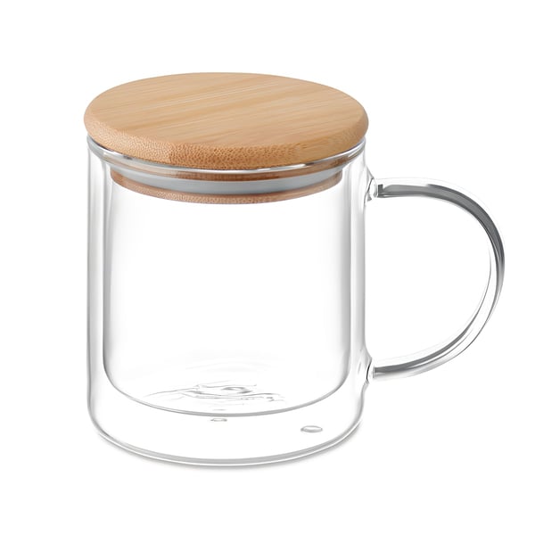 Double Glass Cup with Bamboo Lid and Colorful Handles