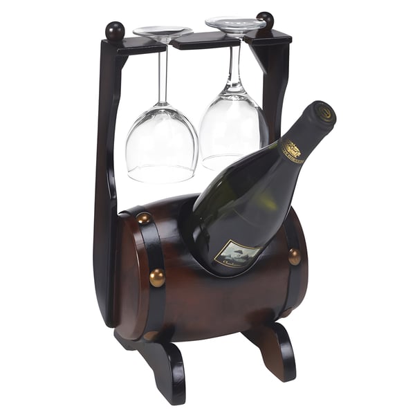 בר יין חבית מרשים עם בקבוק ו-2 כוסות ייחודיות