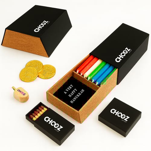 מארז חגיגי לחנוכה - "הנרות הללו" הכולל  נרות, סביבון ומטבעות שוקולד