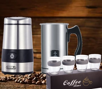 מארז קפה יוקרתי: מטחנת קפה ומקציף חלב חכם מסדרת 'משה שגב' עם כוסות