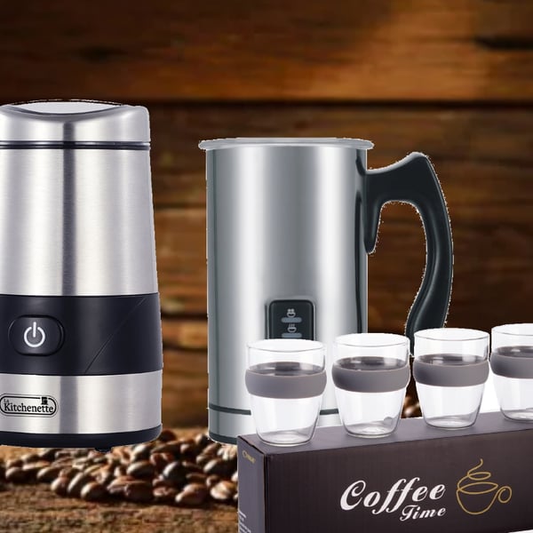 מארז קפה יוקרתי: מטחנת קפה ומקציף חלב חכם מסדרת 'משה שגב' עם כוסות