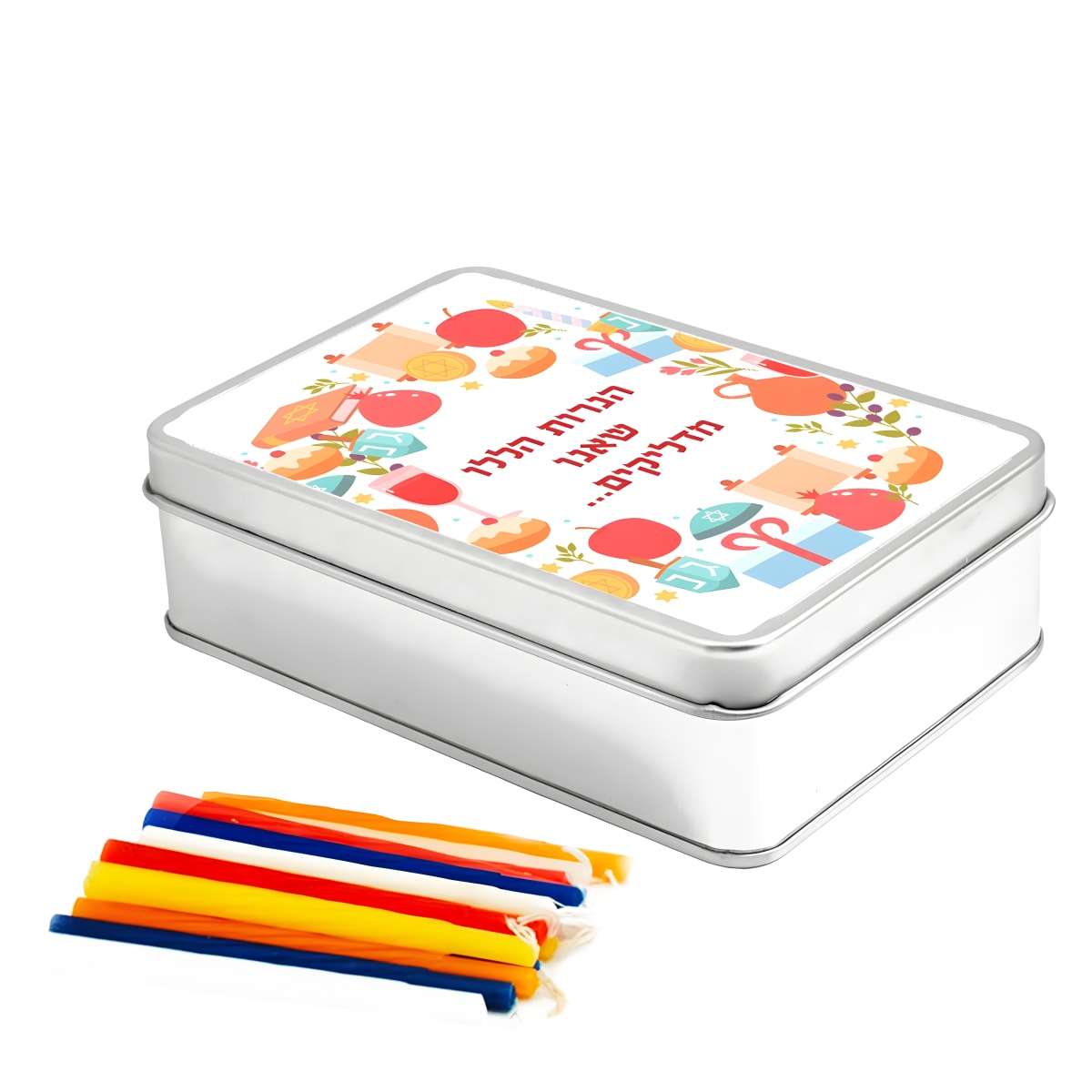 נרות חנוכה בעיצוב ייחודי בקופסת פח מלבנית