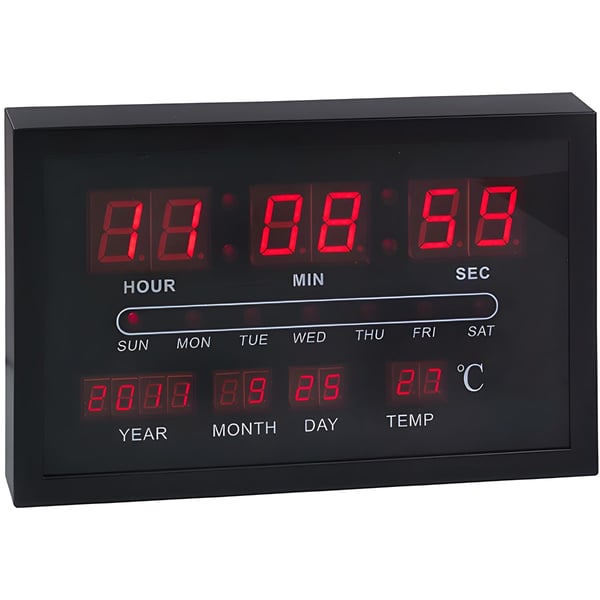 Black Digital Wall Clock with Calendar and Temperature Sensor