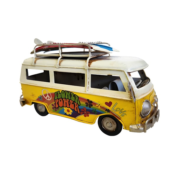 Yellow Retro Classic Van with 2 Surfboards