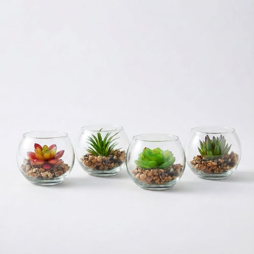 עציצי סוקולנטים וקקטוסים מלאכותיים בכלי זכוכית דקורטיבי