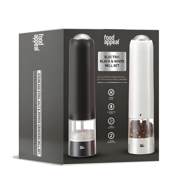 Food Appeal Black & White Electronic Salt and Pepper Grinder Set