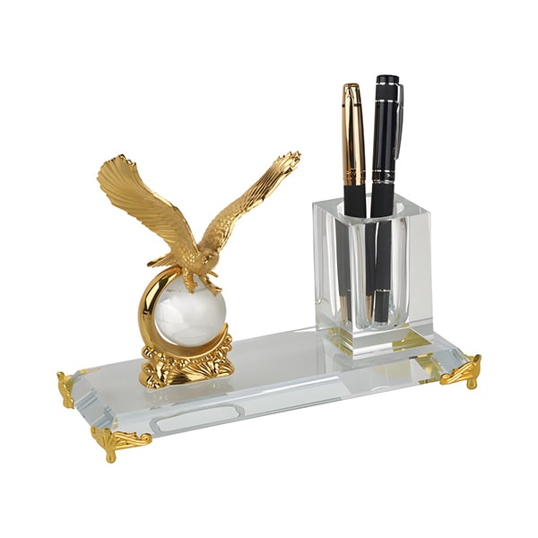 Golden Crystal Eagle Stand with Pen Holder on Globe