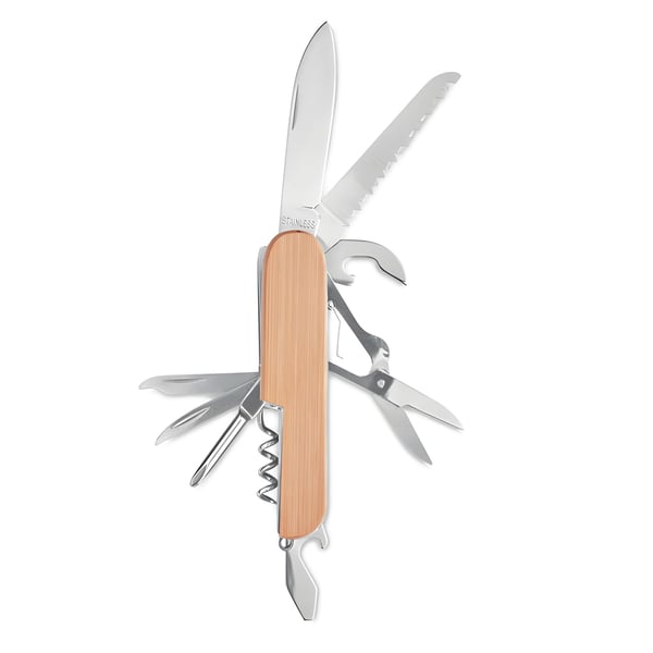 Stainless Steel Multifunction Pocket Knife with Bamboo Cover