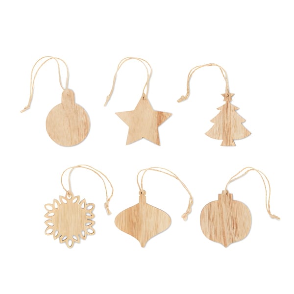 Set of 6 Oak Wood Christmas Pendants with Linen Rope
