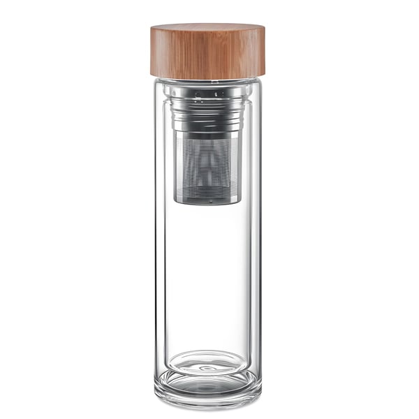 Double Wall Borosilicate Glass Bottle with Bamboo Tea Infuser Lid