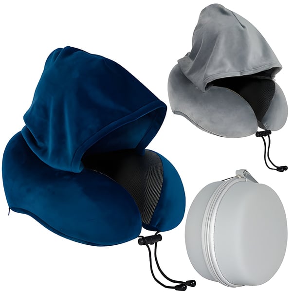 Travel Neck Pillow with Memory Foam and Hoodie in PVC Case