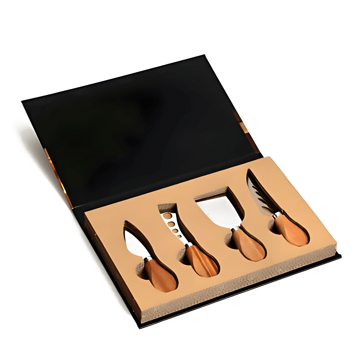 סט ארבע סכינים לחיתוך גבינות במארז מעוצב בצורת ספר