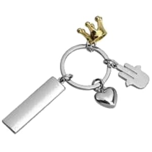 Premium Metal Keychain with Hamsa, Heart, Gold Crown & Custom Plate