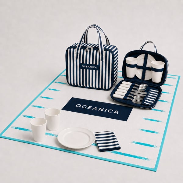 Picnic Gift Set for 4 Diners with Carrying Bag and Double Blanket